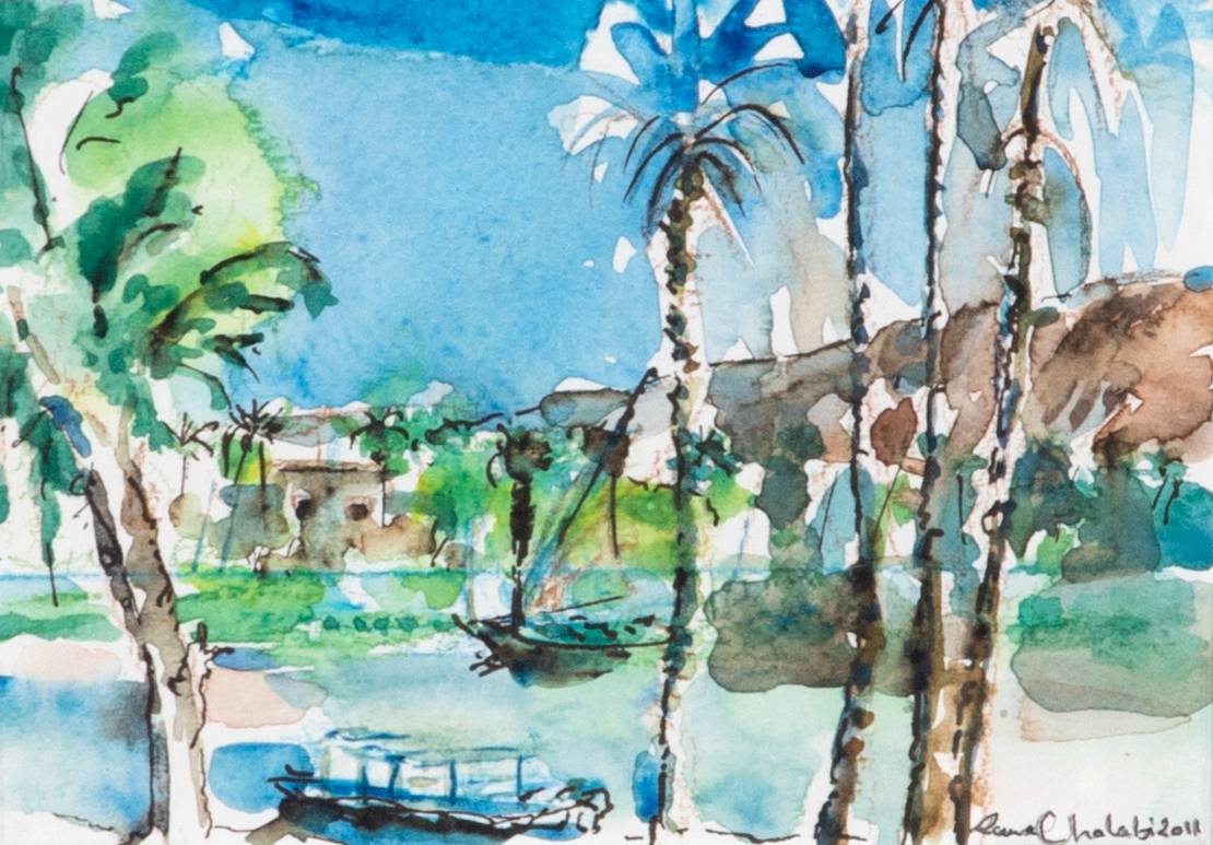 Brightly colored watercolor landscape of a town near water with palmtrees.